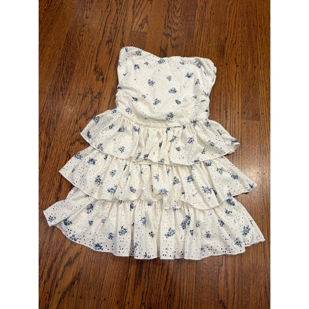 Coquette Floral Eyelet Ruffle Strapless Mini Dress XS Boho Cottagecore Girly
